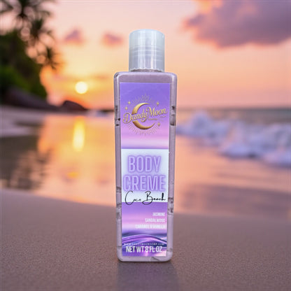 Body crème bottle lotion with sunset and beach in the background