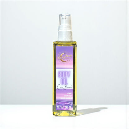 Bottle of body oil with a purple label on a white background