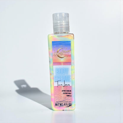 Bottle of Body Creme Lotion in the scent tan lines stands on a white surface against a white background 