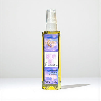 Body oil spray bottle with a label on a white background
