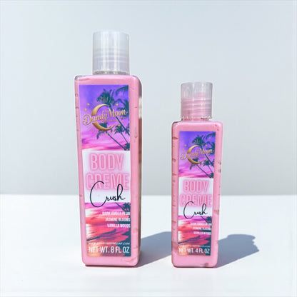 Two bottles of 'Body Creme Lotion in Crush scent' against a white background