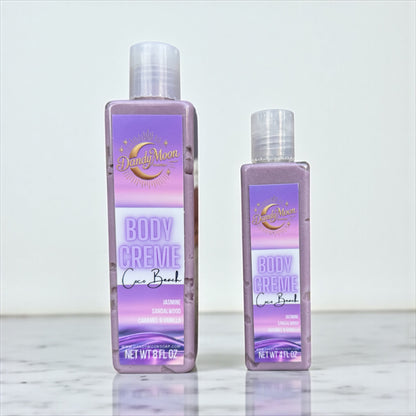 Two bottles of Dandy Moon Body Creme Lotion on a light background