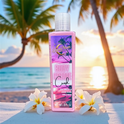 Body créme bottle lotion in crush scent with palm trees and sunset in the background and white jasmine flowers next to the bottle 