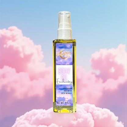 Bottle of body oil with a colorful pink and blue cloud background