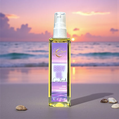 Body oil bottle on a beach with a sunset in the background