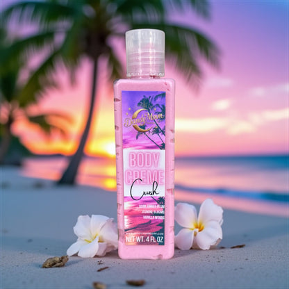 A bottle of Body crème lotion in crush scent with a tropical sunset background and white jasmine flowers sitting next to the bottle 