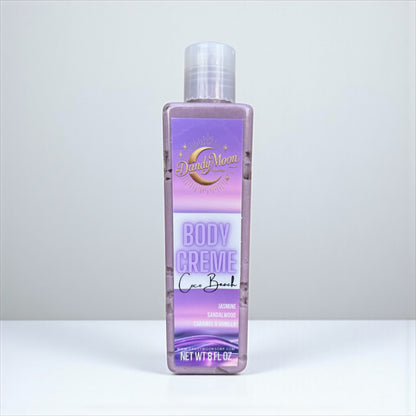 Bottle of 'Body Creme Lotion in Coco Beach scent' with a purple label on a white background