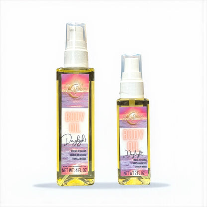 Two bottles of 'Body Oil Daylight' with colorful pink and purple labels against a white background