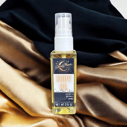 Bottle of body oil on a luxurious gold and black silk fabric background