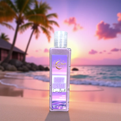 Body Creme Lotion bottle in Coco Beach scent against a beach with palm trees and sunset