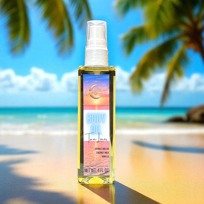 Bottle of body oil in tan lines scent, with a beach and palm tree and the ocean behind it 