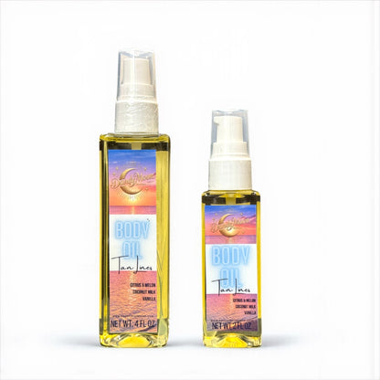 Two bottles of body oil in tan lines scent. one is 2 ounces and one is 4 ounces. they are against a white background standing on a white surface. 