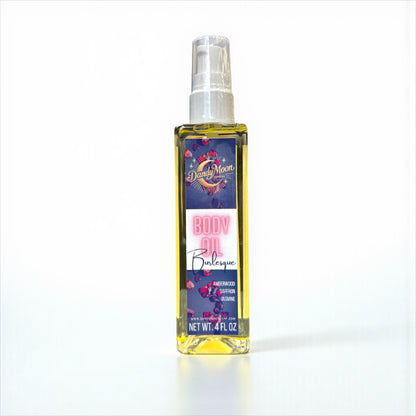 Bottle of body oil with a black label on a white background