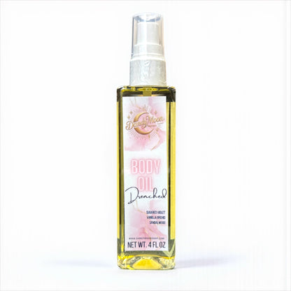Body oil bottle with pink and white design Label  on a white background