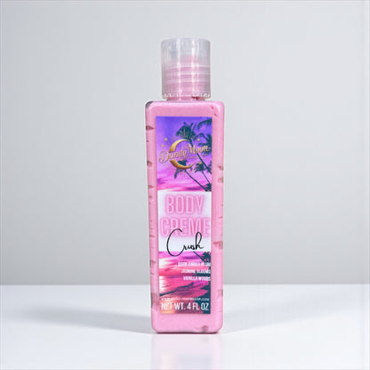 bottle of body créme lotion in the scent crush with palm tree design on the label against a white background