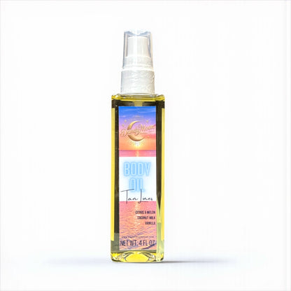 Bottle of body oil with a colorful label on a white background