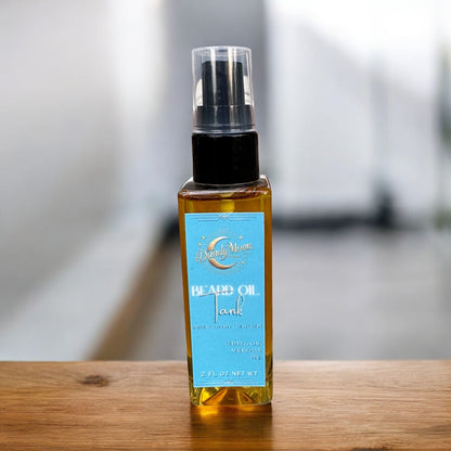 Bottle of beard oil with a blue label on a wooden surface with a blurred background of a bathroom