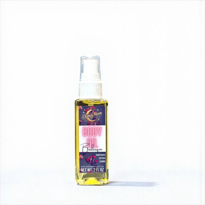 Body oil bottle with colorful label on a white background