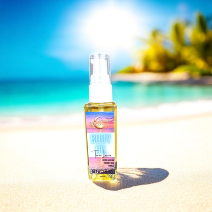 body oil bottle with colorful label on a beach with palm trees in the background