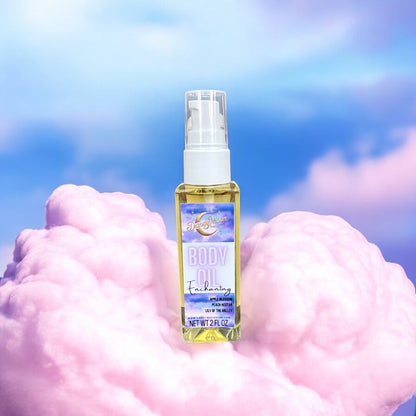 a bottle of body oil, sitting on a pink cloud with a purple cloud background