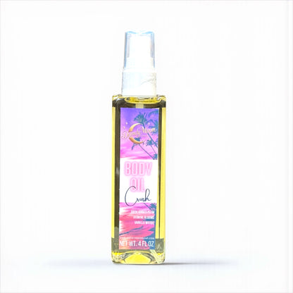 Body oil bottle with colorful label on a white background