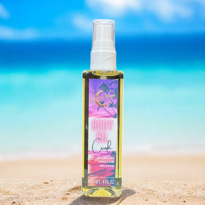 Body oil bottle with colorful label on a beach background
