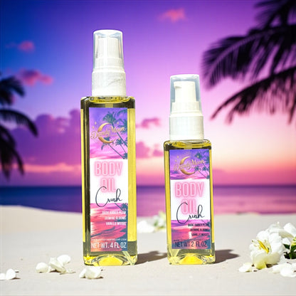 Two bottles of 'Body Oil Crush Scent' standing on a white sandy beach with flower petals scattered around, against a purple and pink dusk sky and ocean background