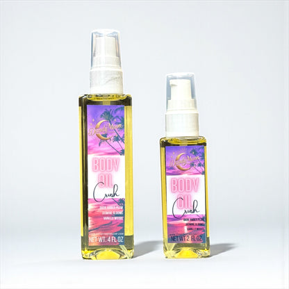 Two bottles of 'Body Oil Crush' on a white background