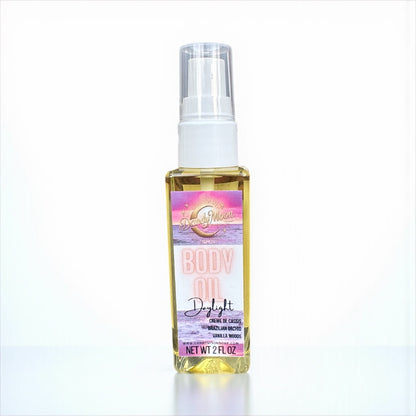 Bottle of body oil with a colorful label on a white background