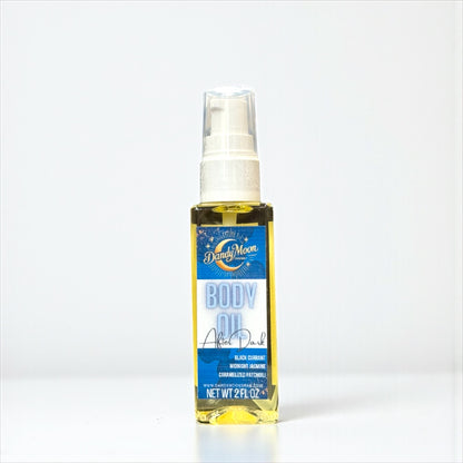 Bottle of body oil with a blue label on a white background