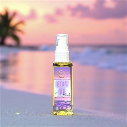 Body oil bottle sitting on a beach with a sunset beach background