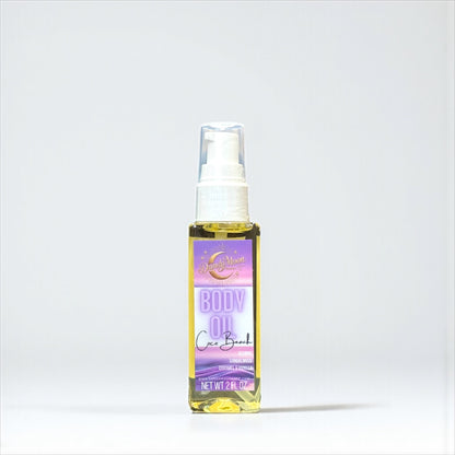 Bottle of body oil with a purple label on a white background