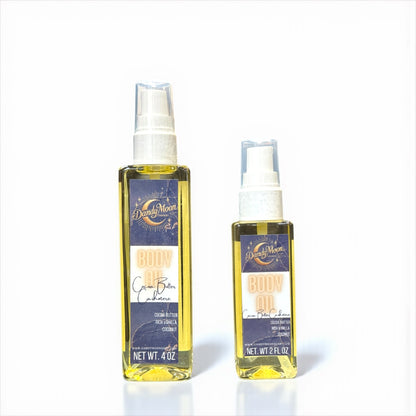 Two bottles of Dandy Moon body oil, one is 2 ounces and one is 4 ounces, against a white background