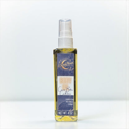 Body oil bottle with label on a white background