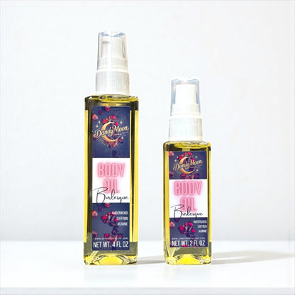 Two bottles of 'Body Oil Burlesque' by Dandy Moon on a white background, one bottle is 2 ounces, and one bottle is 4 ounces 