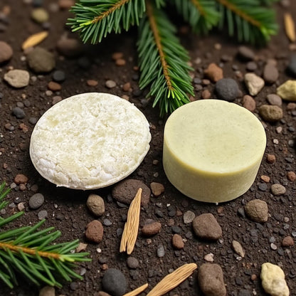 a round green shampoo bar and a round green conditioner bar sit on the forest floor with pebbles and fir tree branches scattered around them 