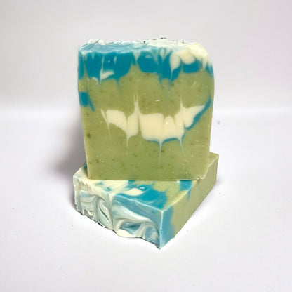 two bars of soap, one sitting flat while the other stands on top of it. both bars are green in color with shades or white and light blue marbled throughout the bars. both bars sit on a white surface against a white background