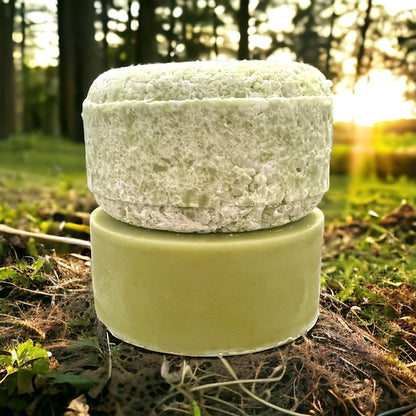 two green bars are stacked on one another. the one on bottom is the conditioner and is a light shade of green, the bar is smooth and round. the bar is the shampoo bar on top is a white and green shade and is puck shaped. both bars sit on the forest floor, around grass and twigs, with the sun shining through the forest in the blurred background.