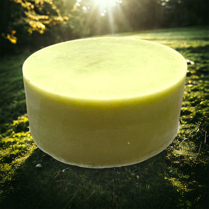 a smooth green conditioner bar sits on the forest floor in the grass, with the sun shining through the forest trees in the background