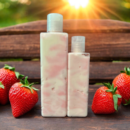 Two bottles of Strawberries & Cream Body Creme Lotion with a wooden background and fresh strawberries nearby. The bottles are clear and the lotion inside is swirls of red and white. 