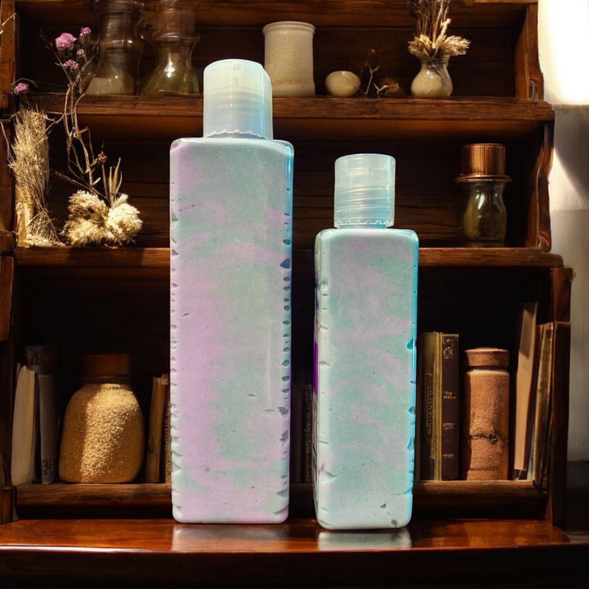 Two bottles of Dandy Moon Soapery's Practical Magic Body Creme are displayed on a rustic wooden shelf with a backdrop of dried flowers, books, and vintage jars. The bottles are 8 ounces and 4 ounces and turned to the side to display the swirls of light blue and lavender purple design in the lotions. 