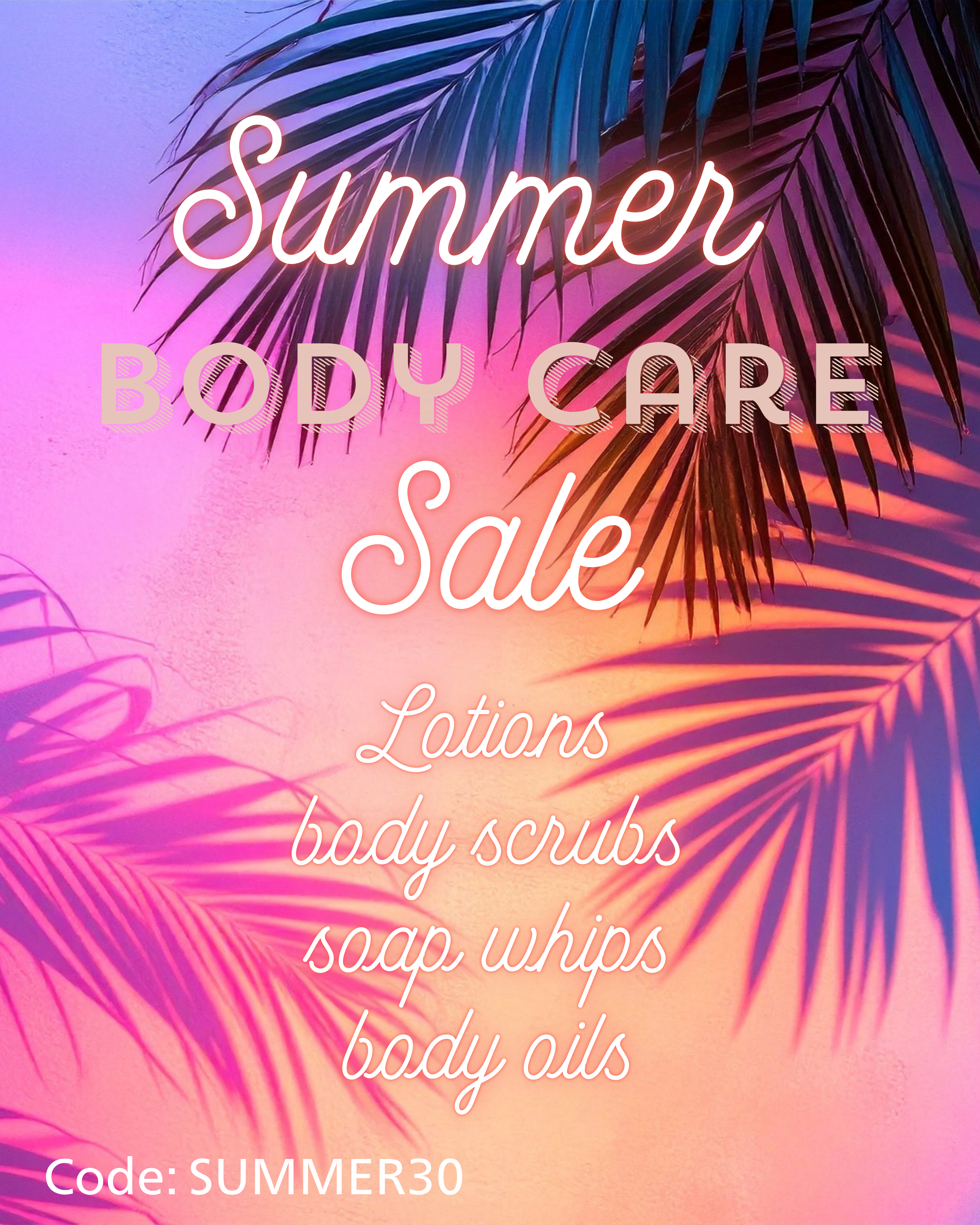 Advertisement for a 'Summer Body Care Sale' with palm leaves on a gradient background.